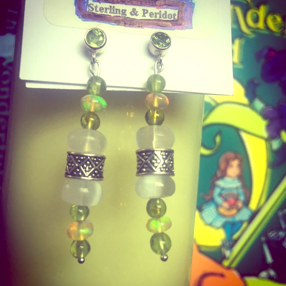 Opal, peridot, and selenite earrings